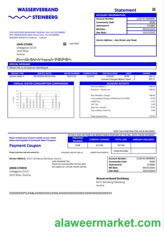 Austria Wasserverband Steinberg water utility bill